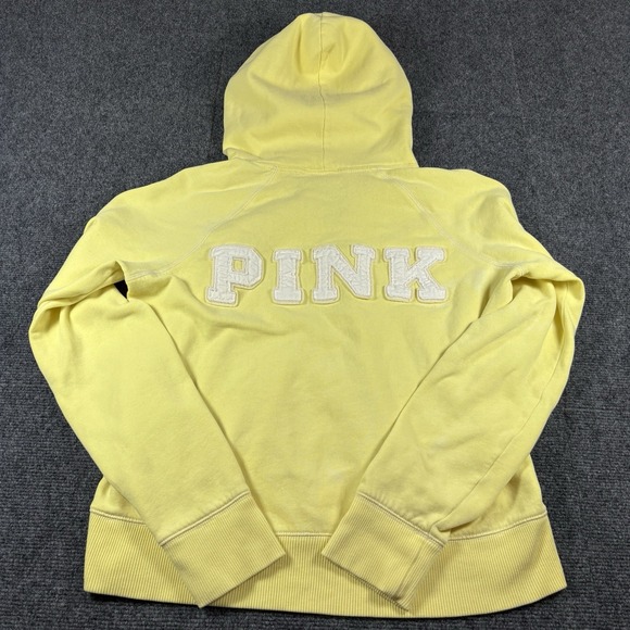 PINK‎ Victoria's Secret Womens Large Y2K Hoodie Yellow Pullover VTG Spellout Dog - Picture 1 of 9